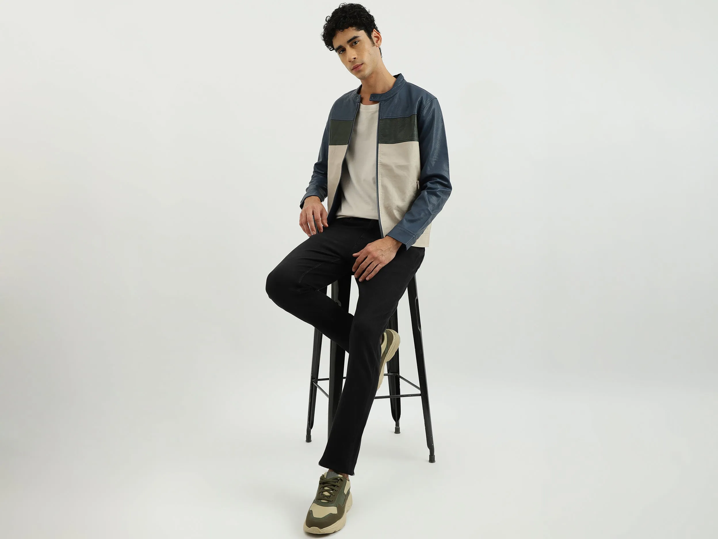 Men Solid Band Collar Jacket