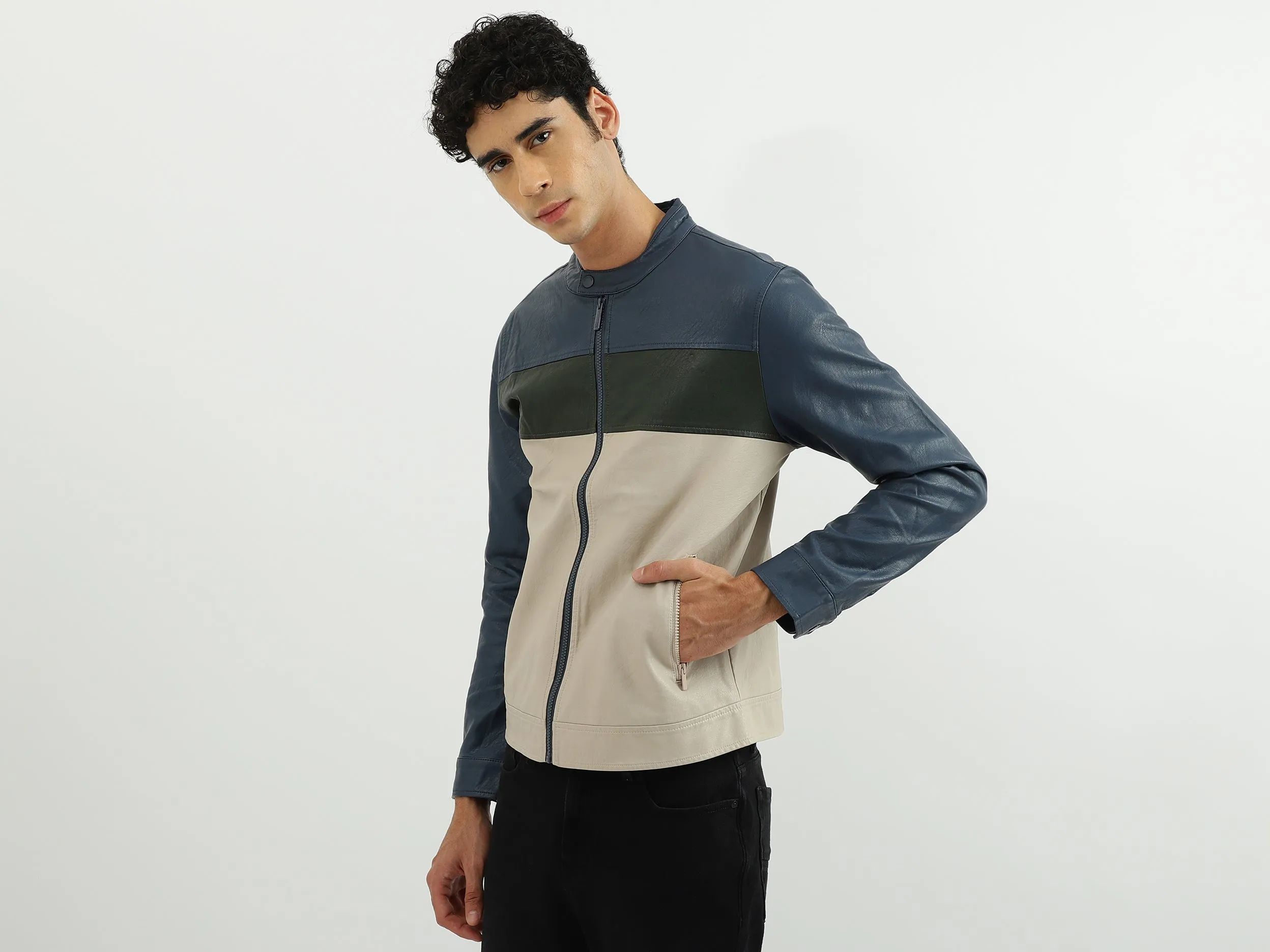 Men Solid Band Collar Jacket