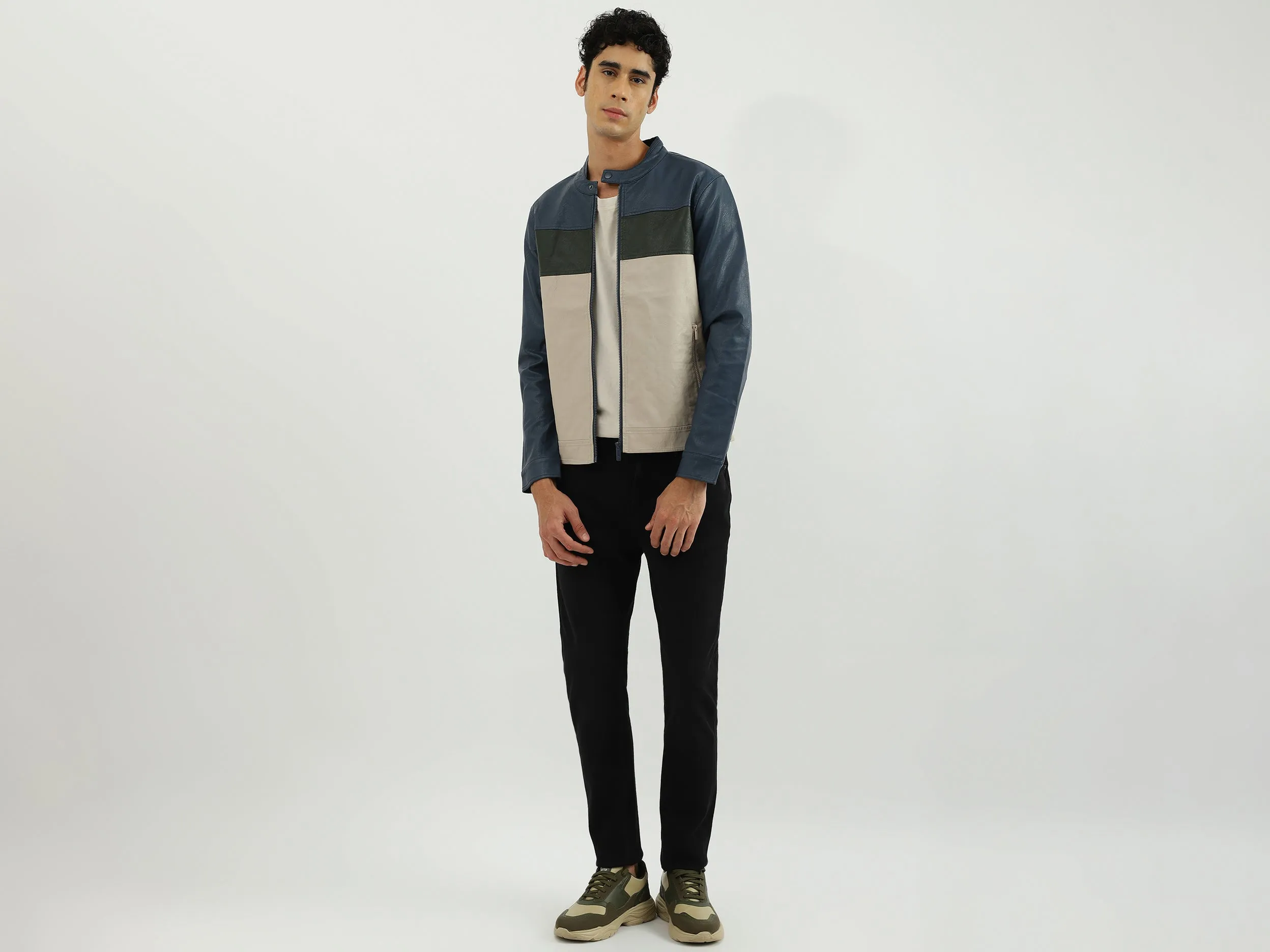 Men Solid Band Collar Jacket