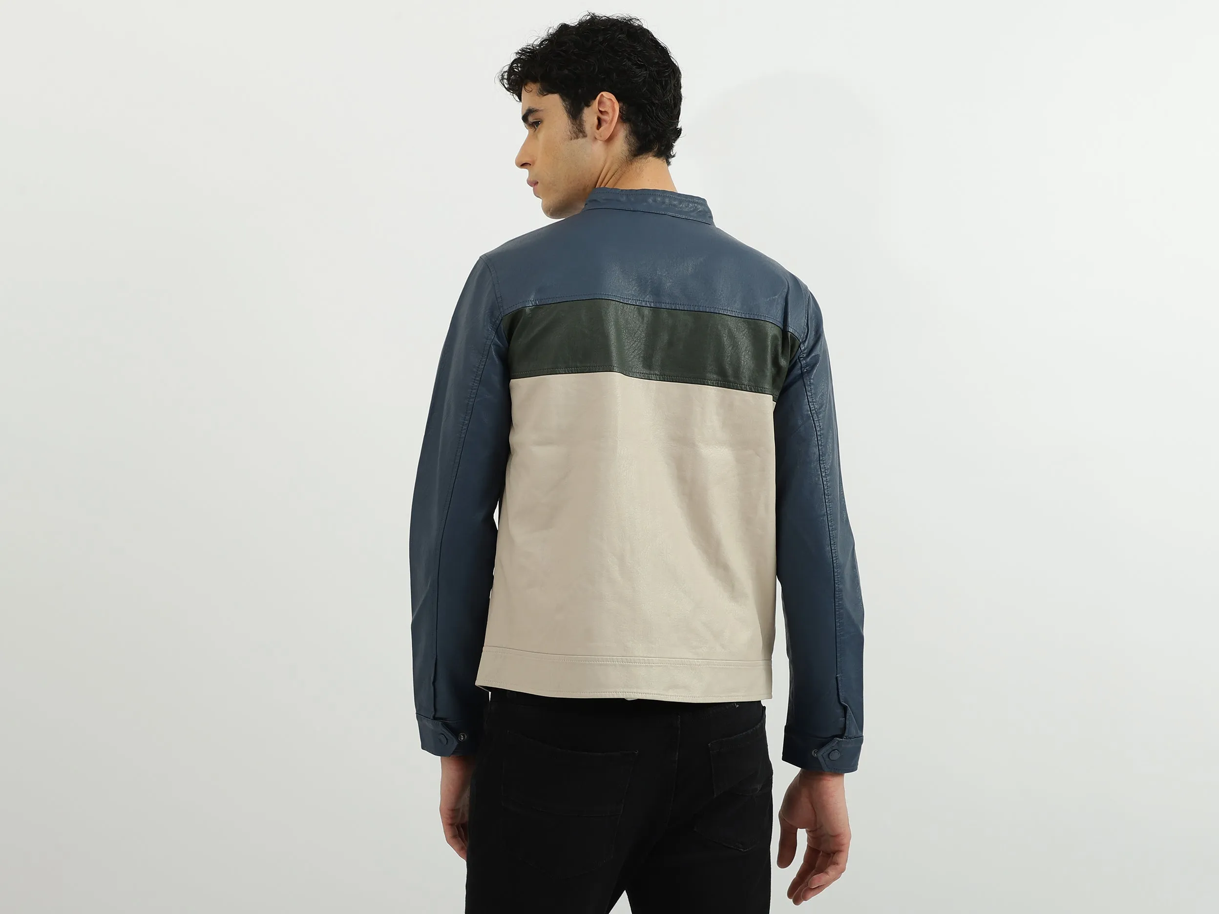 Men Solid Band Collar Jacket
