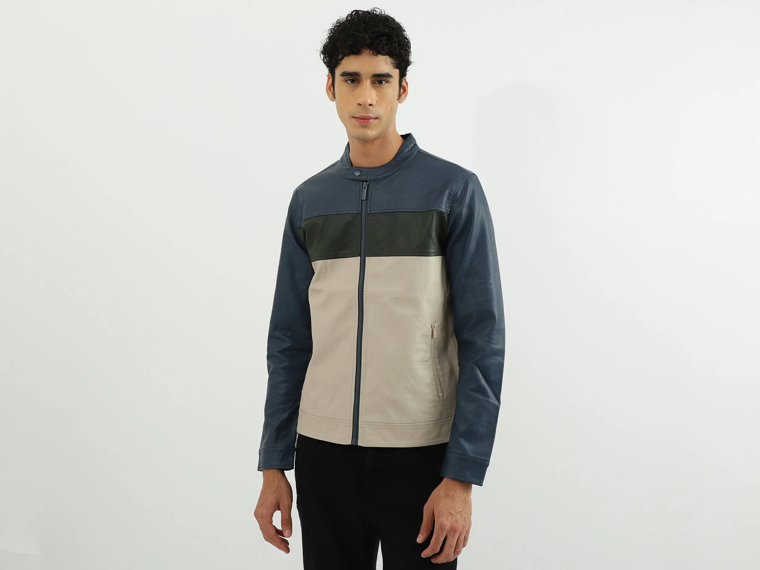 Men Solid Band Collar Jacket