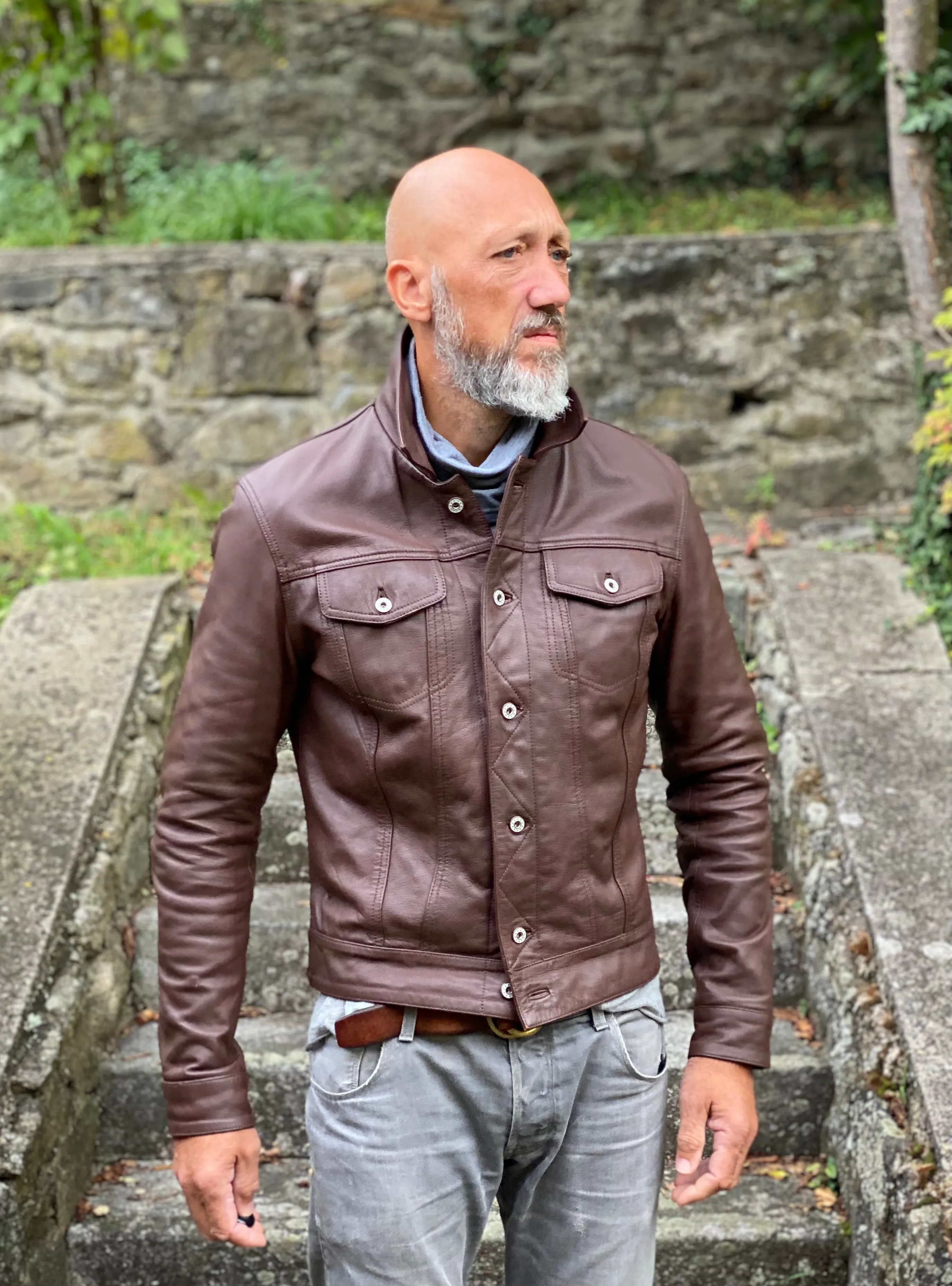 Men TRUCKER Real Goatskin Classic Western Denim Style Russet Brown Leather Jacket