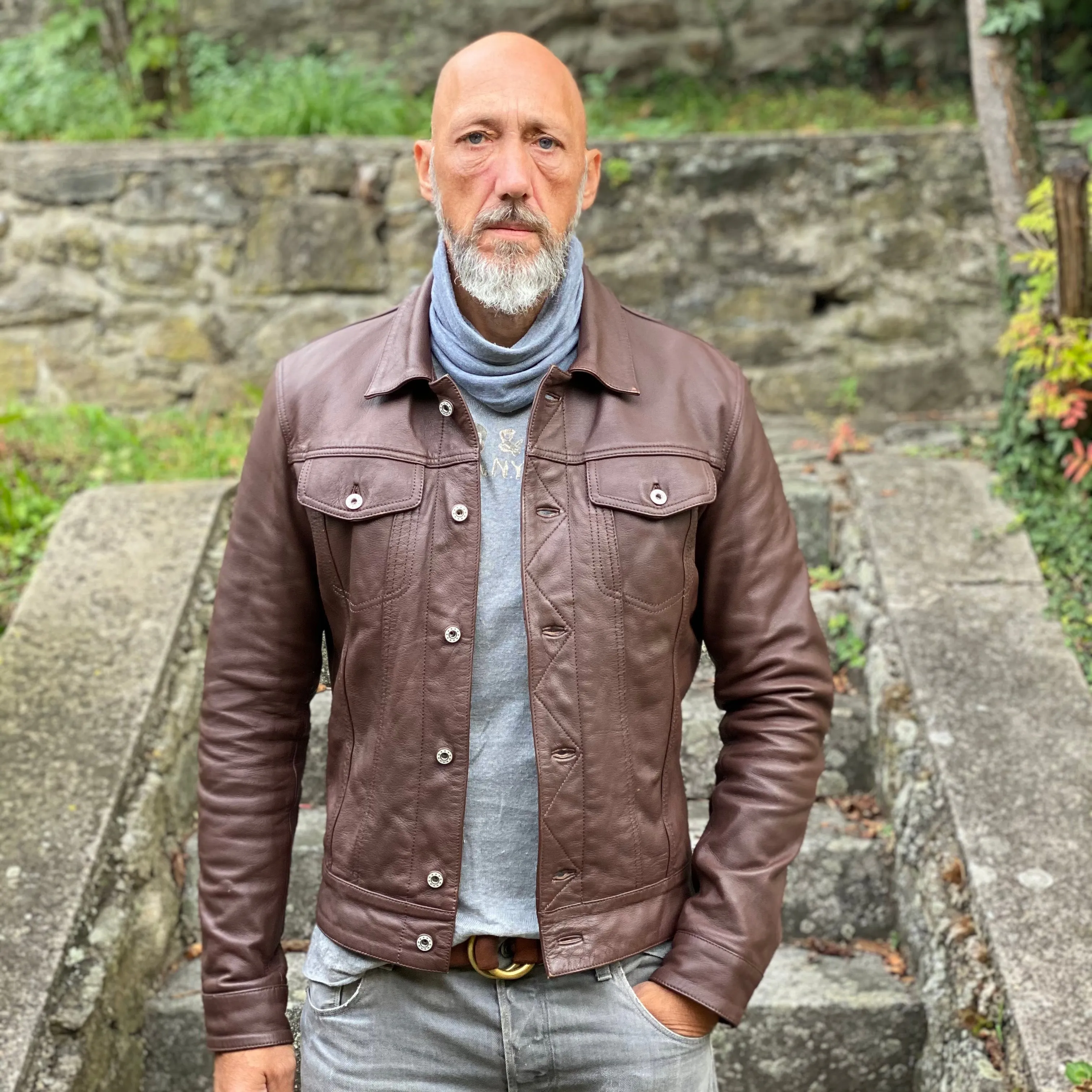 Men TRUCKER Real Goatskin Classic Western Denim Style Russet Brown Leather Jacket