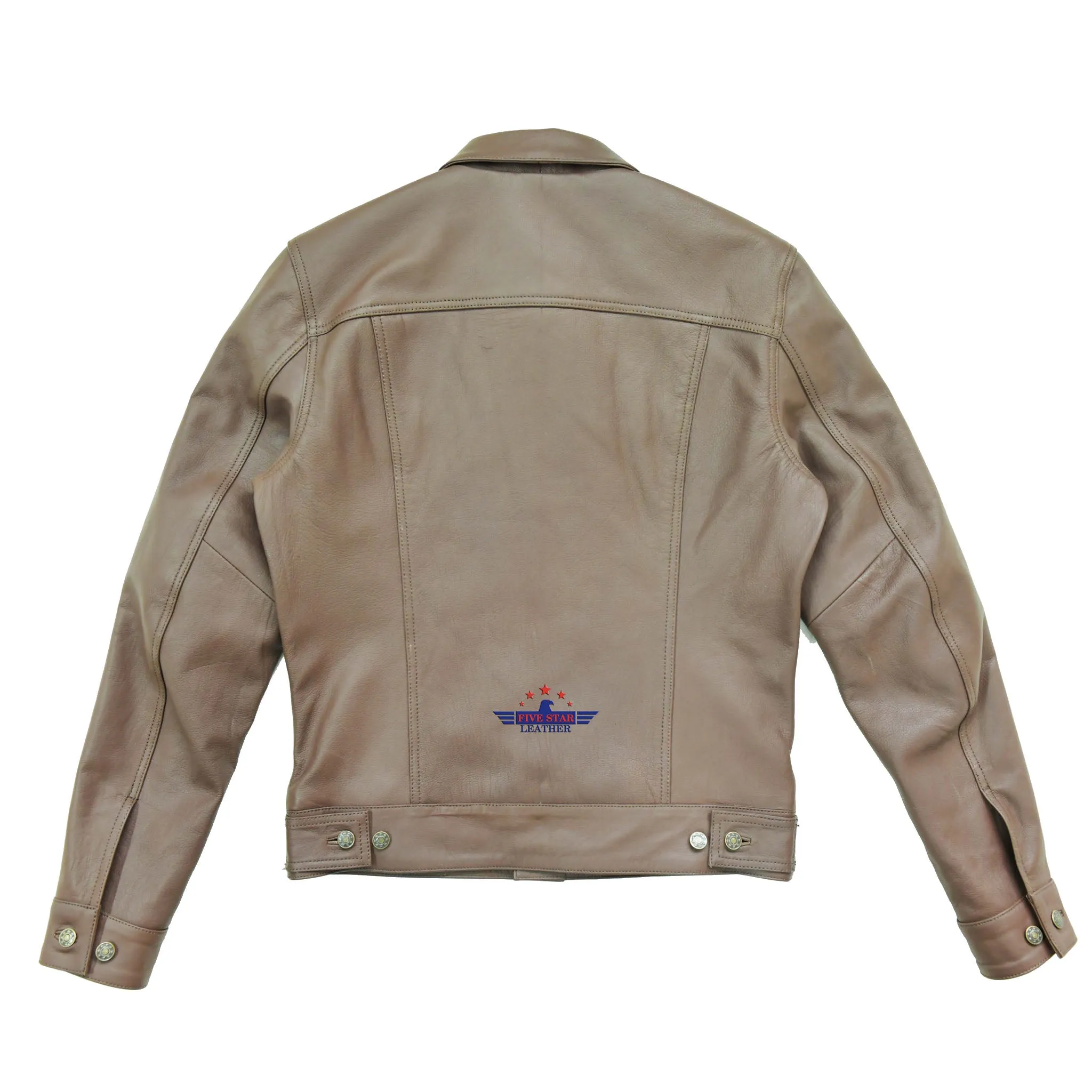 Men TRUCKER Real Goatskin Classic Western Denim Style Russet Brown Leather Jacket