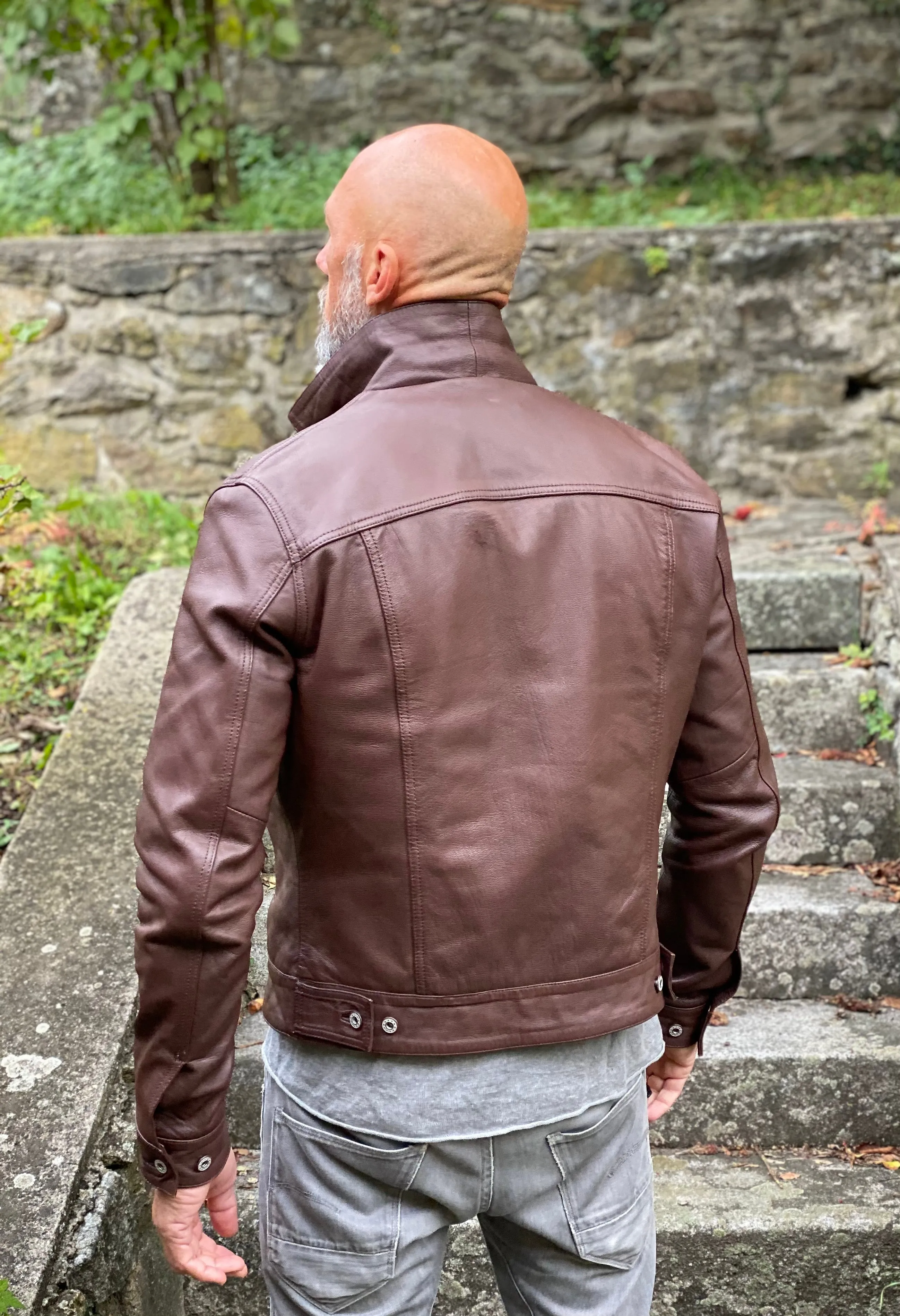 Men TRUCKER Real Goatskin Classic Western Denim Style Russet Brown Leather Jacket