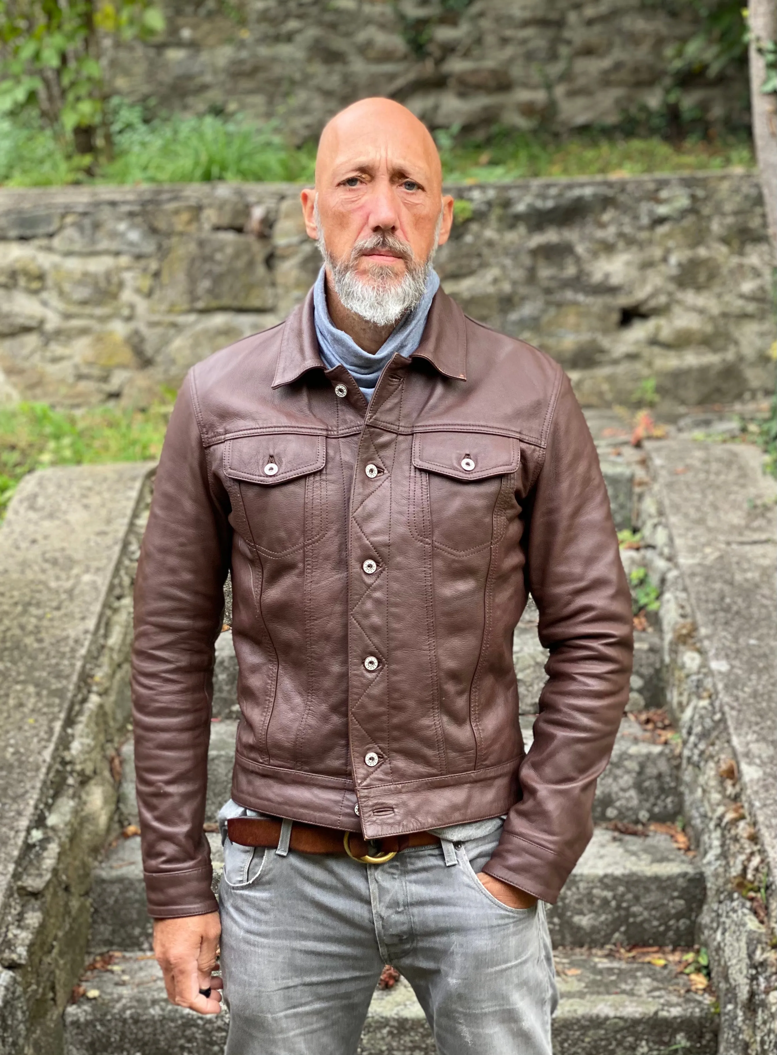 Men TRUCKER Real Goatskin Classic Western Denim Style Russet Brown Leather Jacket