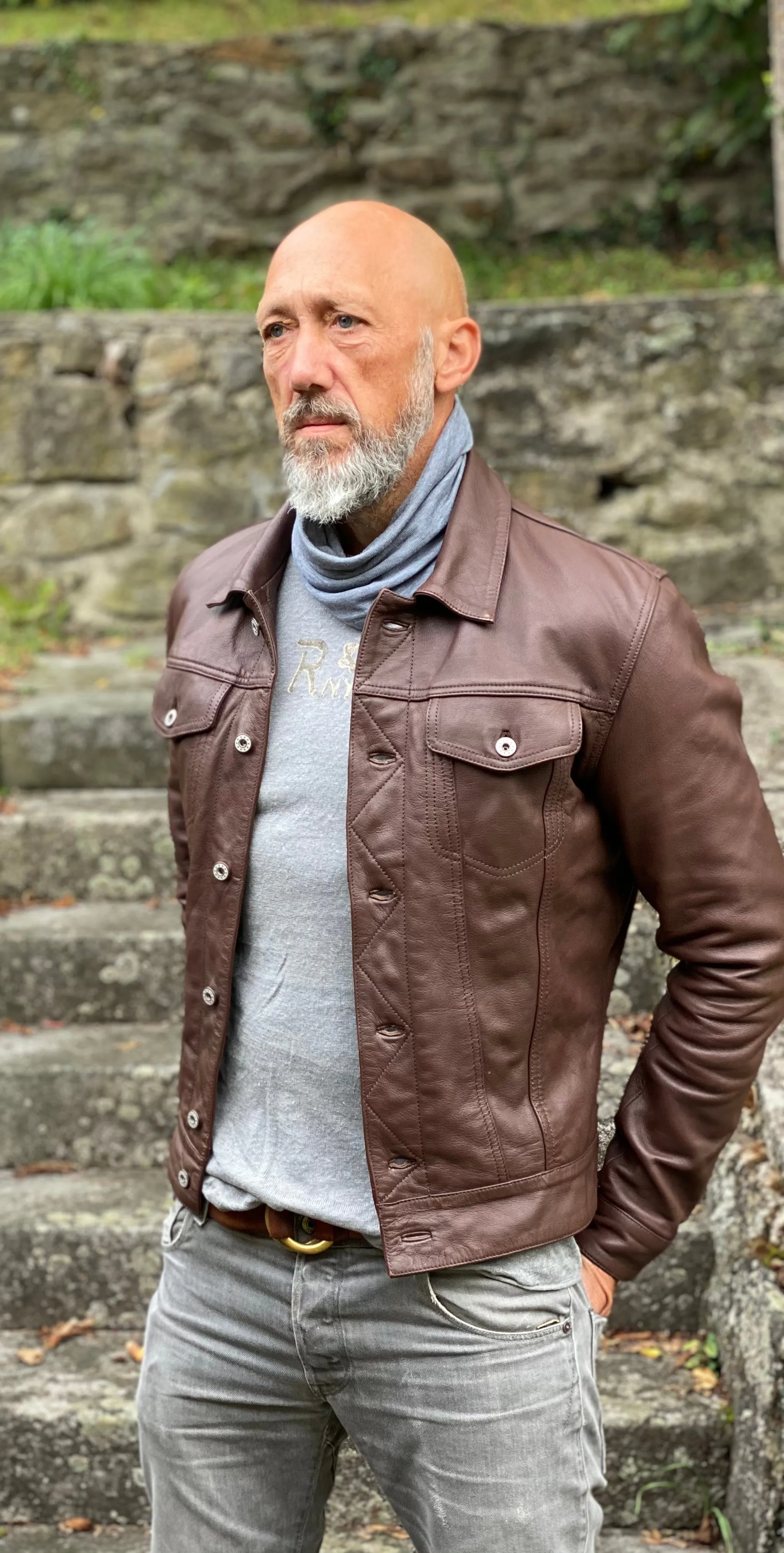 Men TRUCKER Real Goatskin Classic Western Denim Style Russet Brown Leather Jacket