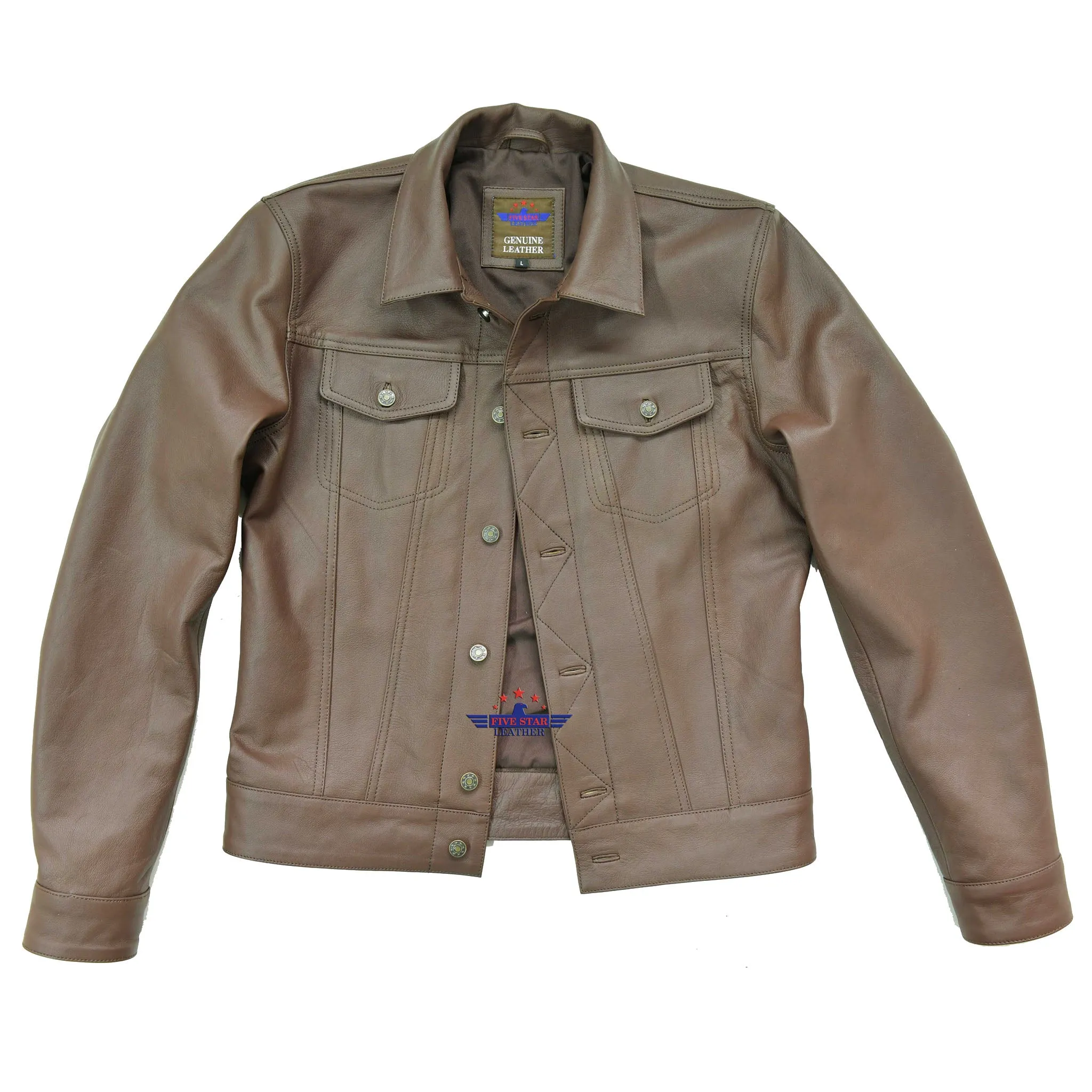 Men TRUCKER Real Goatskin Classic Western Denim Style Russet Brown Leather Jacket