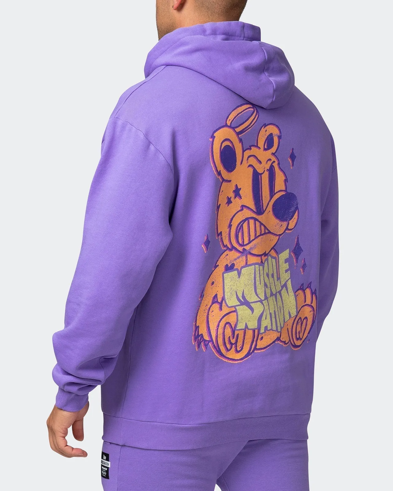Mens Angry Bear Oversized Vintage Hoodie - Washed Aster Purple