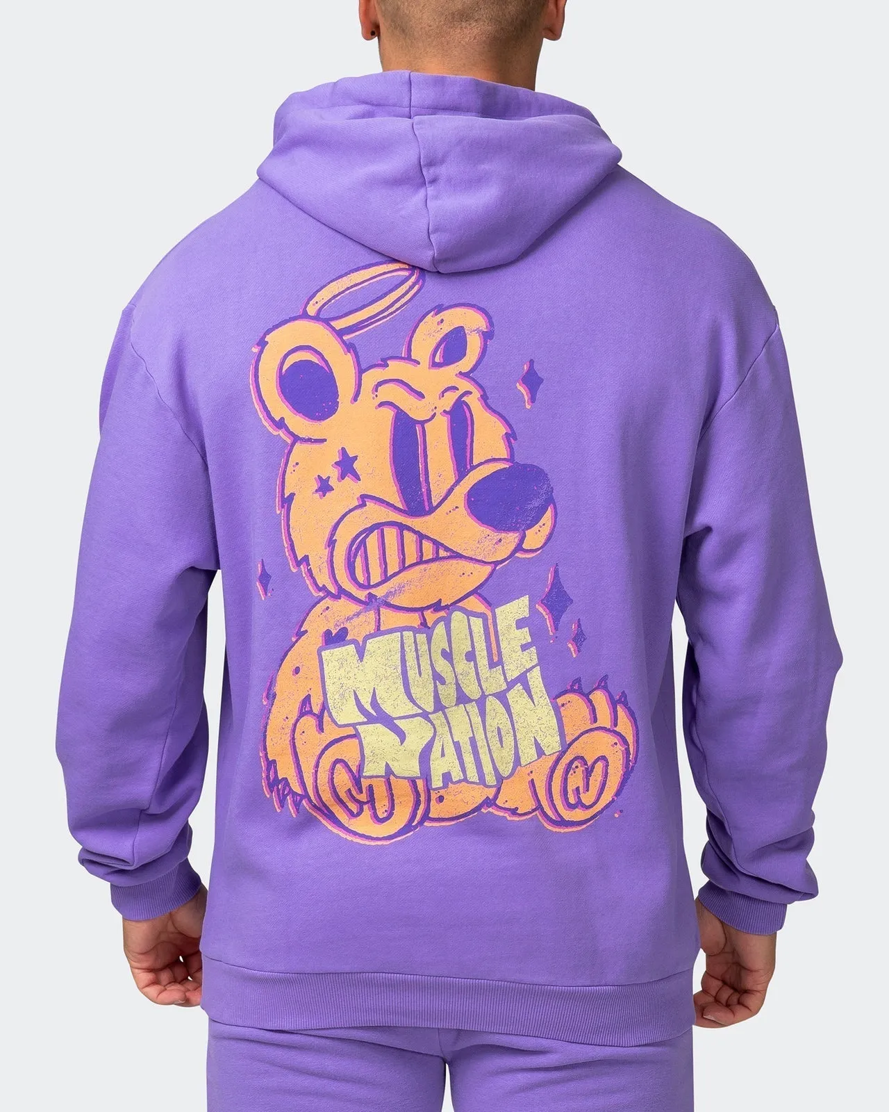 Mens Angry Bear Oversized Vintage Hoodie - Washed Aster Purple
