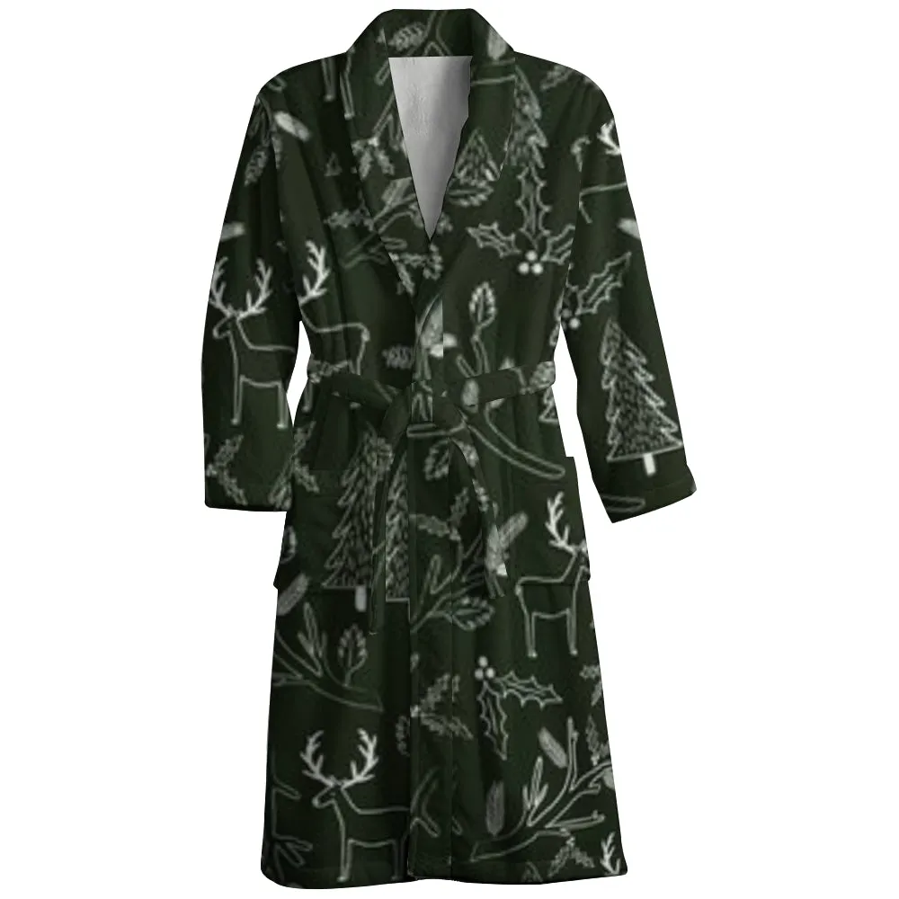 Mens Belt Merry Christmas Tree Print Fleece Lounge Robe