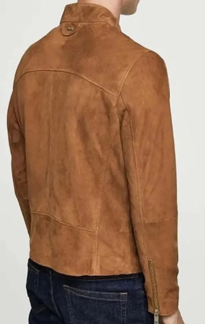 Men's Brown Suede leather Trucker Jacket Cowboy With Chinese Collar Vintage Classic Jackets Hand Made Stylish Premium Quality - Leather Jackets