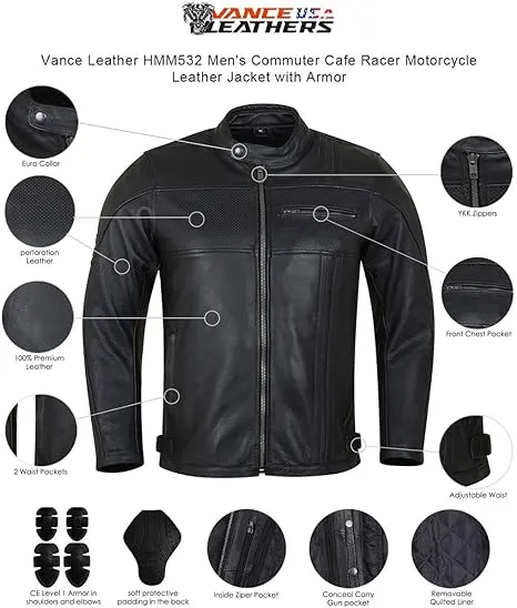 Men's Commuter Cafe Racer Motorcycle Leather Jacket with Armor