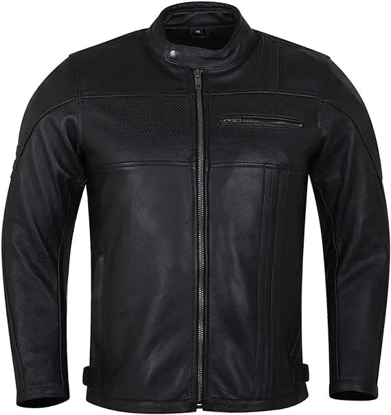 Men's Commuter Cafe Racer Motorcycle Leather Jacket with Armor