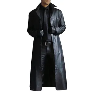 Mens Leather Trench Coat Full Length Vintage Classic Faux Leather Long Leather Jacket Winter Overcoat Black