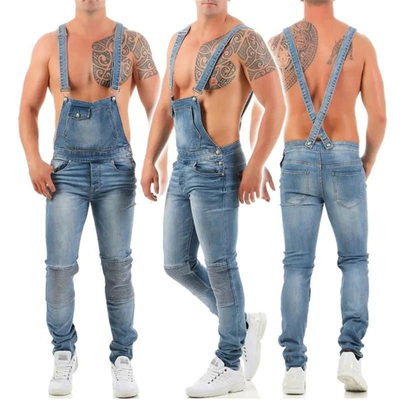 Men's Overall Slim Fit Jumpsuit Breathable Denim Ripped Jeans