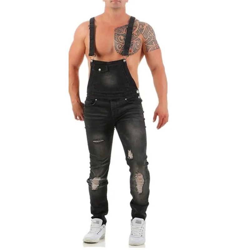 Men's Overall Slim Fit Jumpsuit Breathable Denim Ripped Jeans