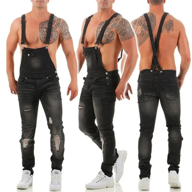 Men's Overall Slim Fit Jumpsuit Breathable Denim Ripped Jeans
