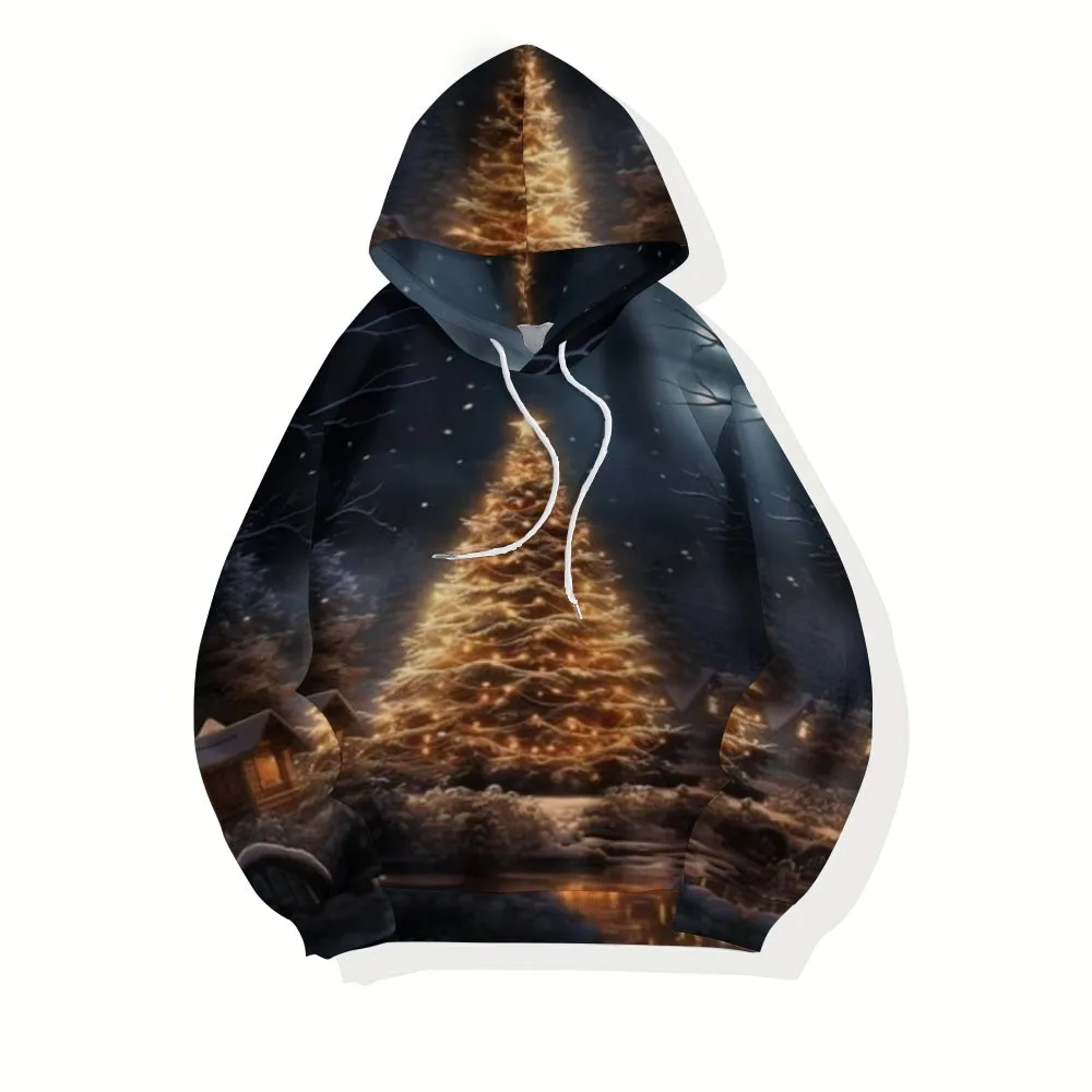 Merry Christmas Tree Graphic Pullover With Kangaroo Pocket Hoodies