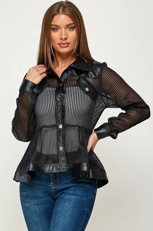 MESH FAUX LEATHER PEPLUM JACKET