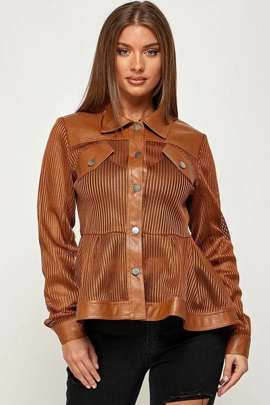 MESH FAUX LEATHER PEPLUM JACKET