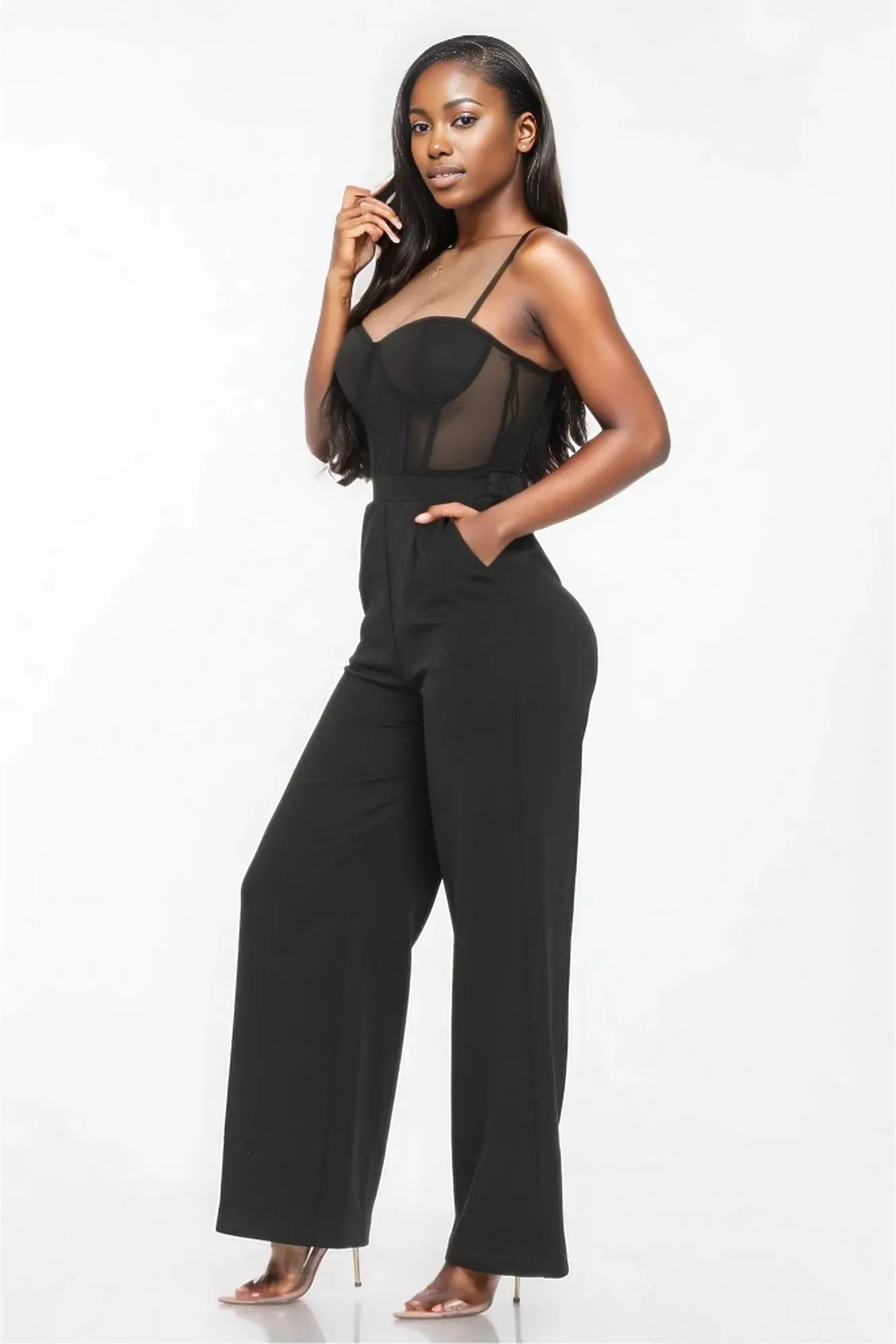 Mesh Insert Cup Wide Leg Jumpsuit