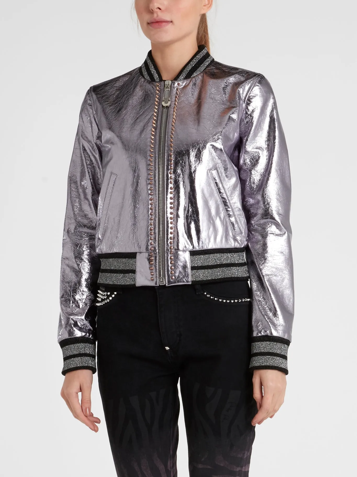 Metallic Embellished Leather Bomber Jacket