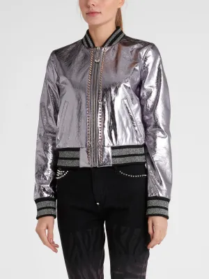 Metallic Embellished Leather Bomber Jacket