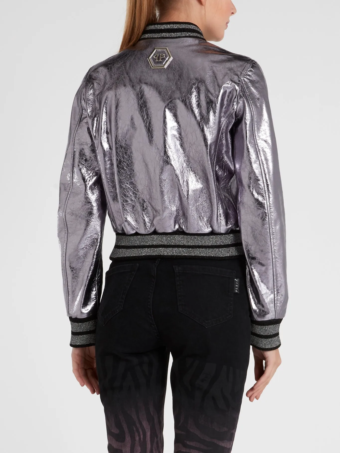 Metallic Embellished Leather Bomber Jacket