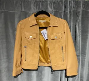 Michael Kors Leather 3/4 Sleeve Cropped Jacket Camel