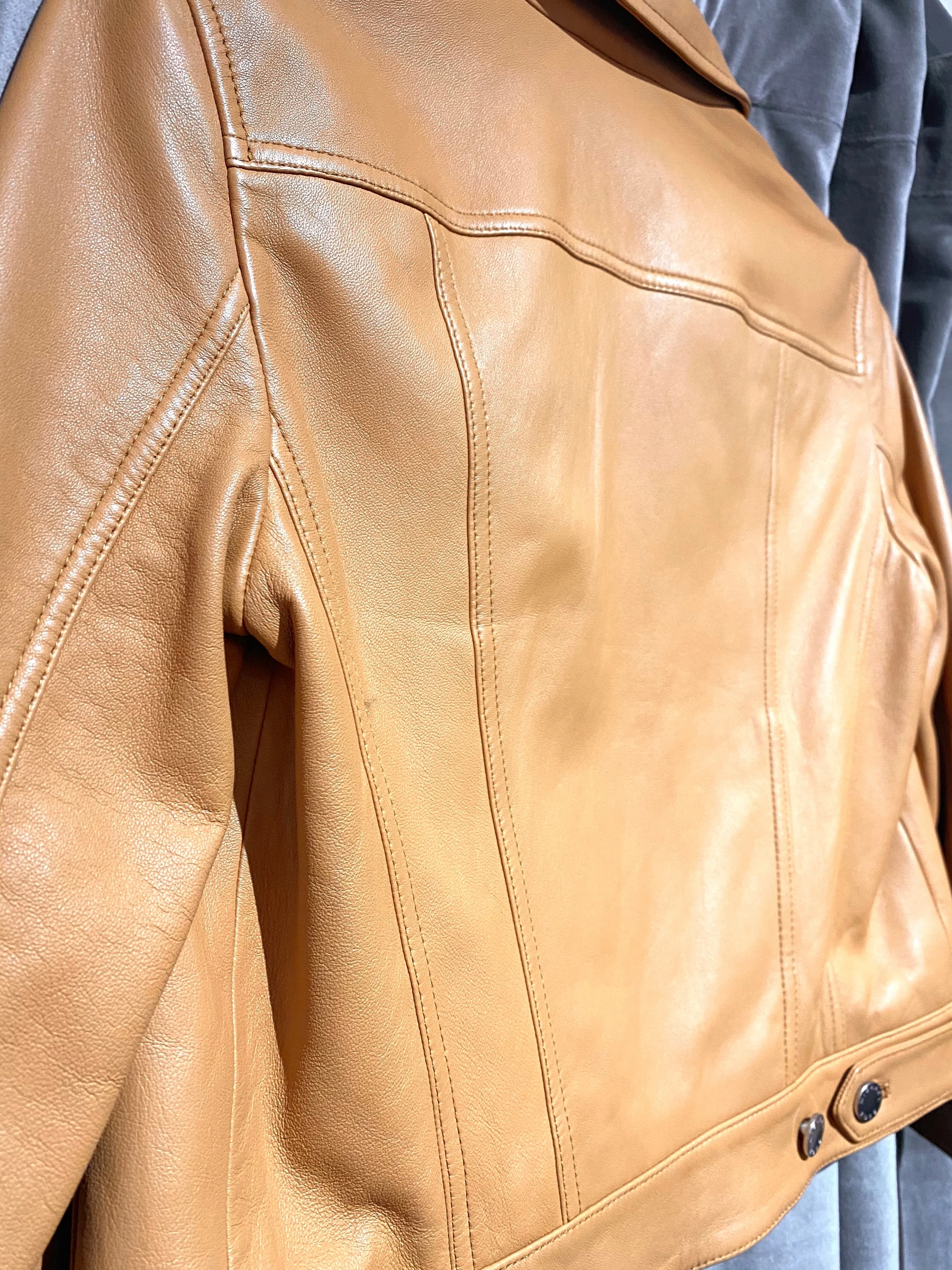 Michael Kors Leather 3/4 Sleeve Cropped Jacket Camel