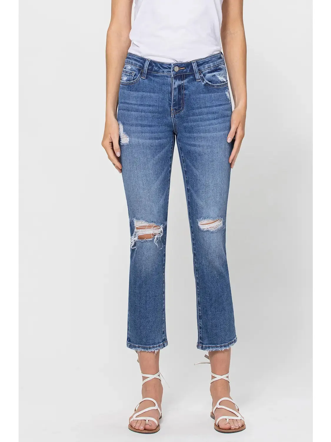 Mid Rise Crop Slim Straight Jean