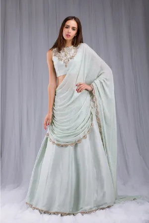 Mint Embroidered Draped Lehenga Saree