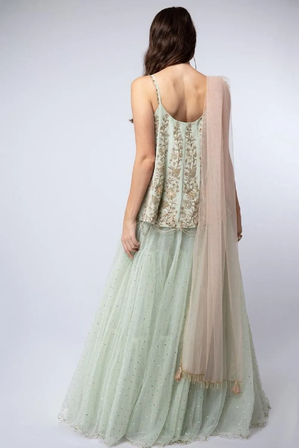 Mint Embroidered Short Anarkali-Lehenga