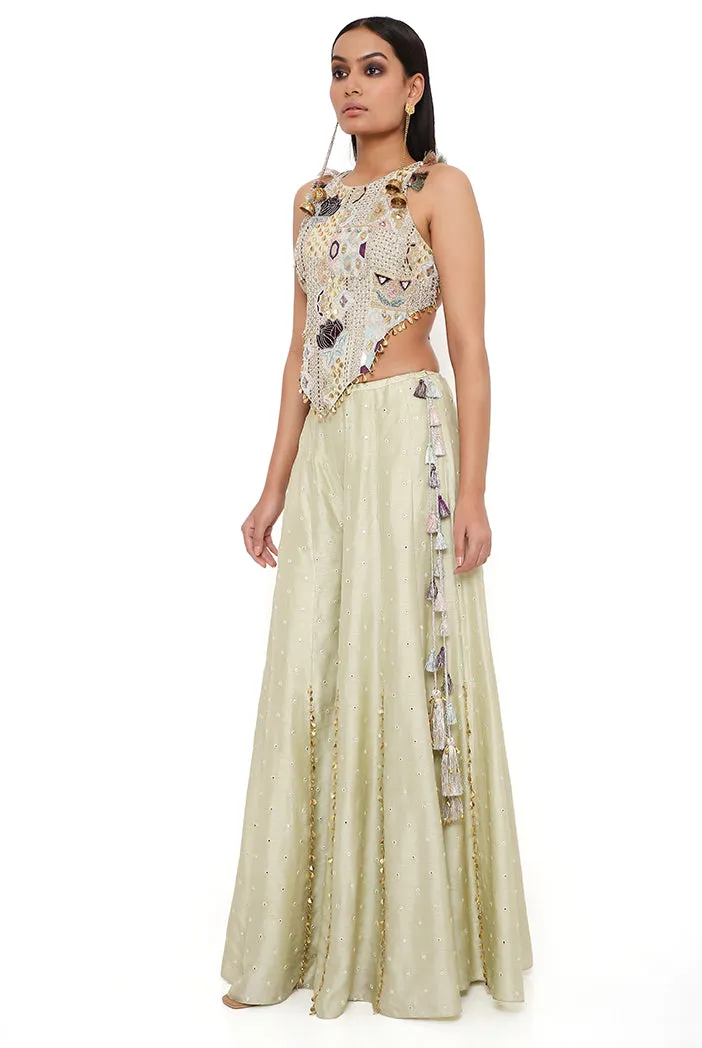 MINT GEORGETTE EMBROIDERED CHOLI WITH ABLA SILK SHARARA