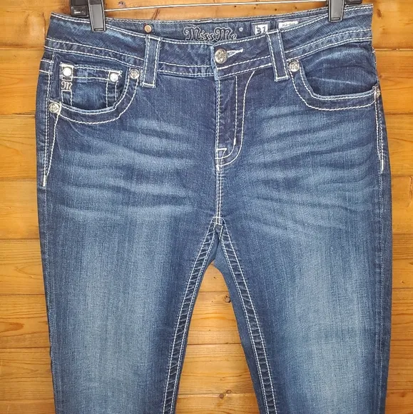 ❤️Miss Me medium-dark Jeans  stretch ankle skinny fake  leather diamonds…