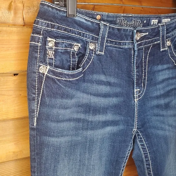 ❤️Miss Me medium-dark Jeans  stretch ankle skinny fake  leather diamonds…