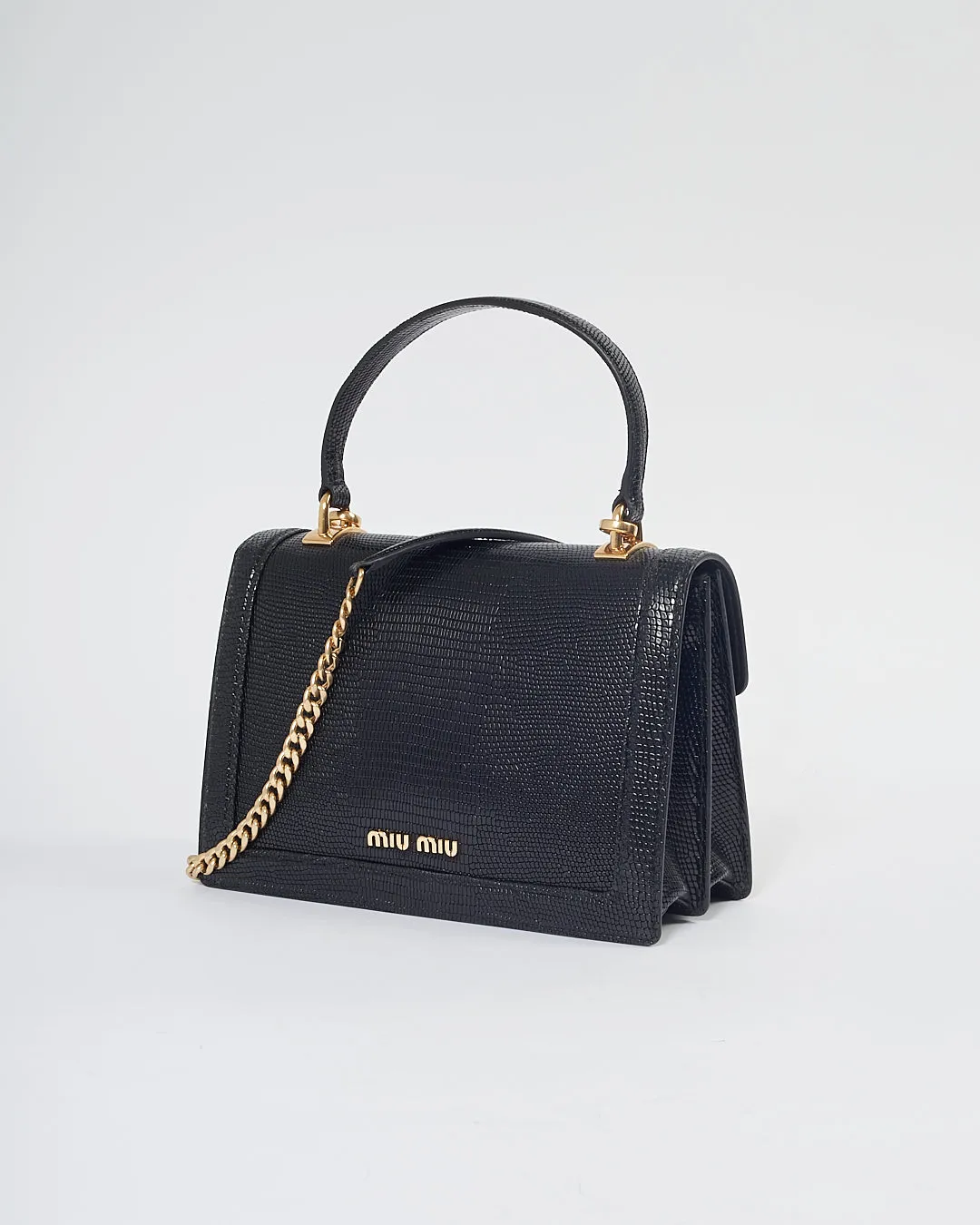 Miu Miu Black Embossed Lizard Leather Top Handle Padlock Bag