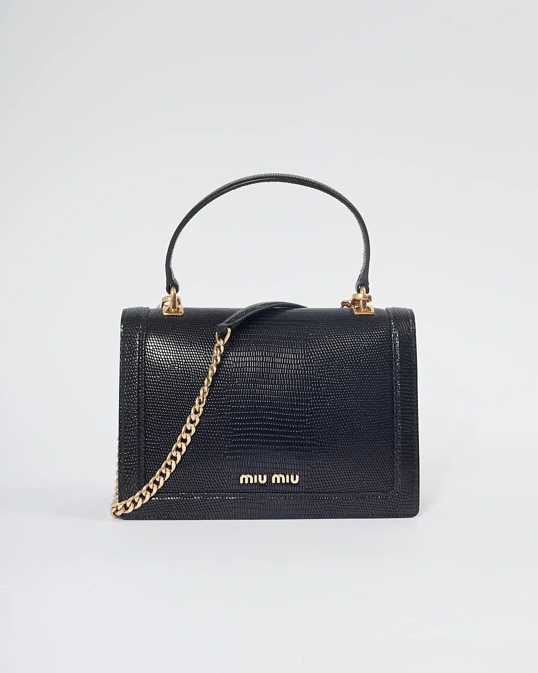 Miu Miu Black Embossed Lizard Leather Top Handle Padlock Bag