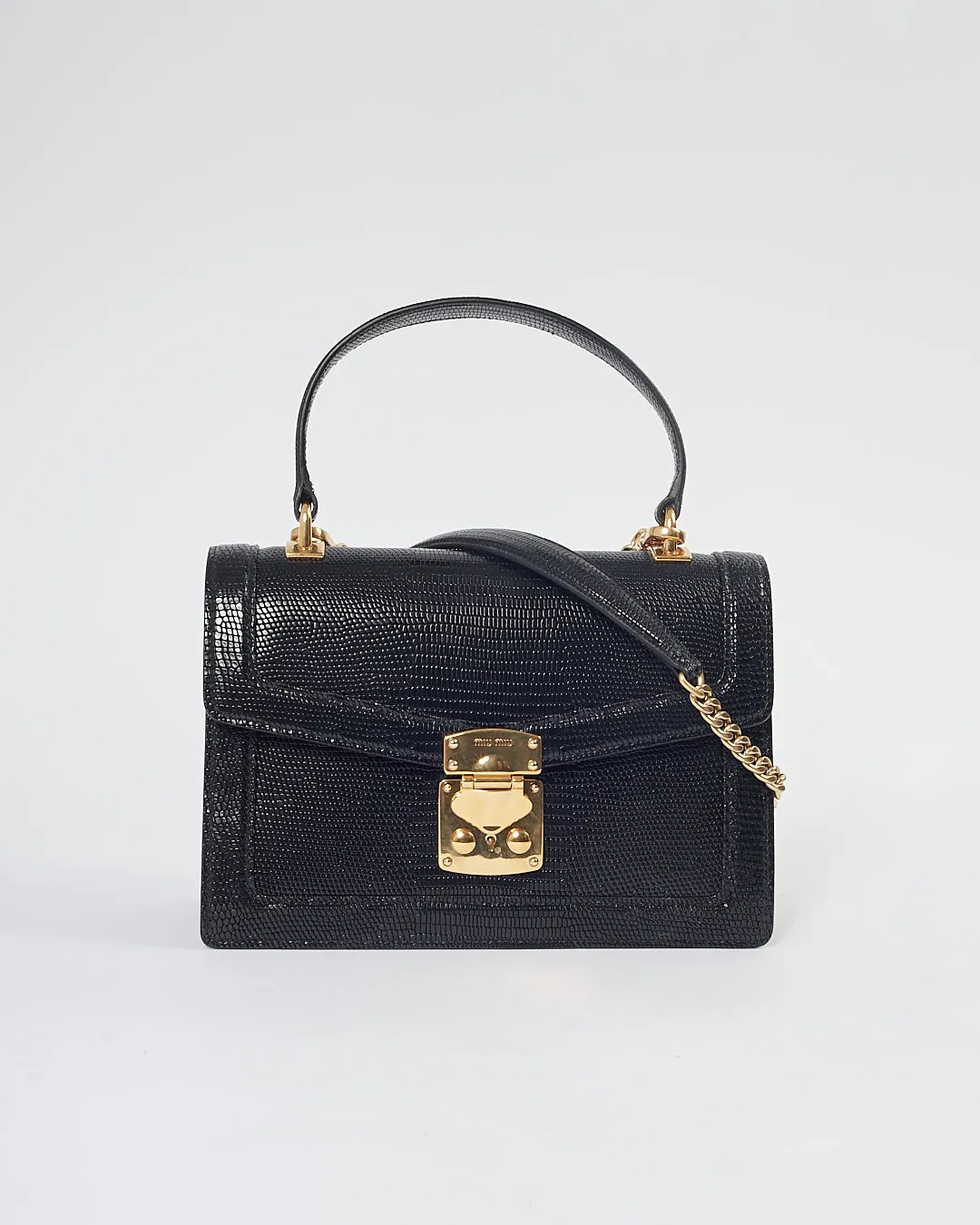 Miu Miu Black Embossed Lizard Leather Top Handle Padlock Bag