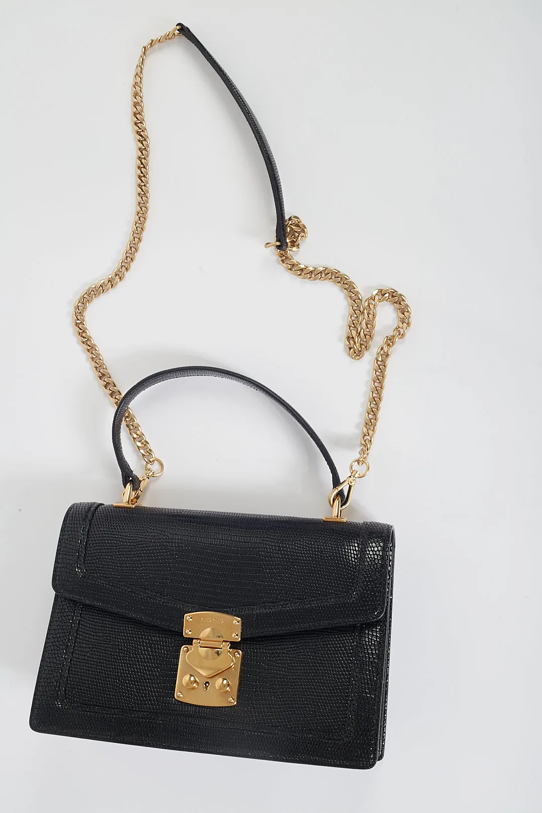 Miu Miu Black Embossed Lizard Leather Top Handle Padlock Bag