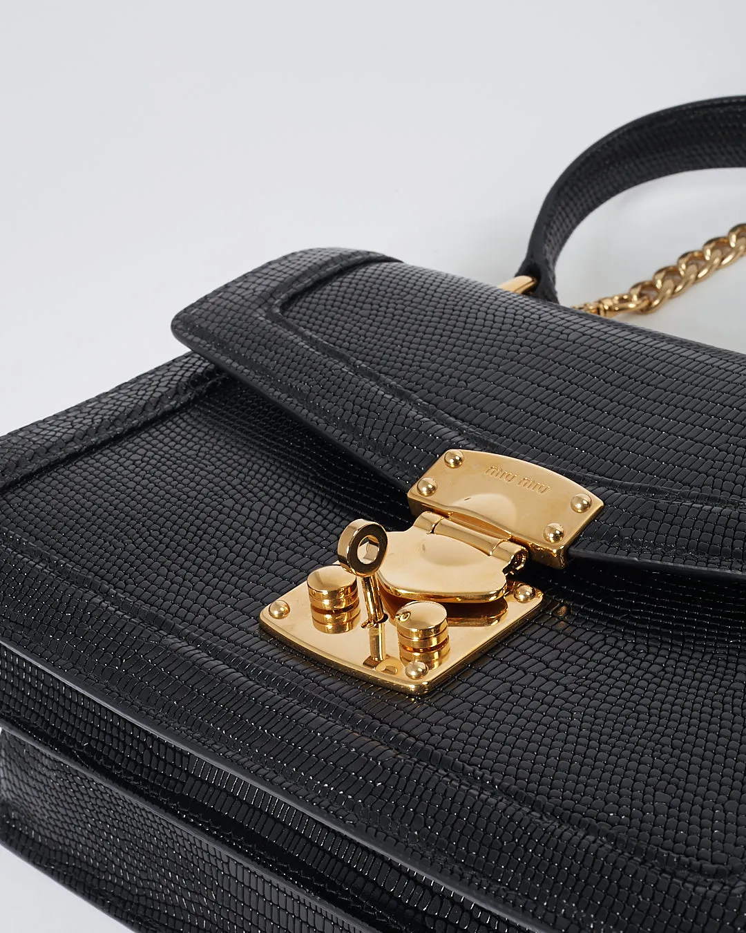 Miu Miu Black Embossed Lizard Leather Top Handle Padlock Bag