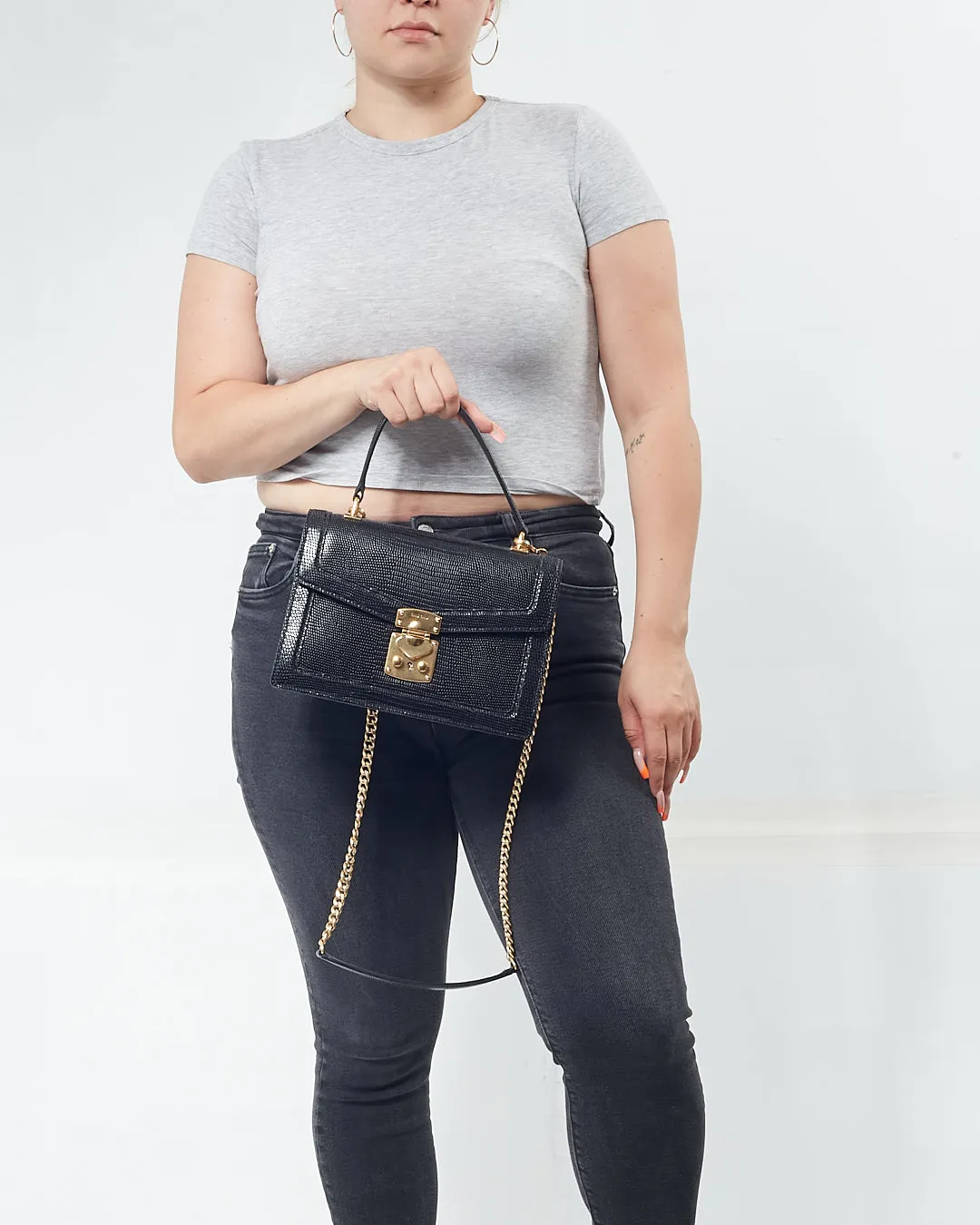 Miu Miu Black Embossed Lizard Leather Top Handle Padlock Bag