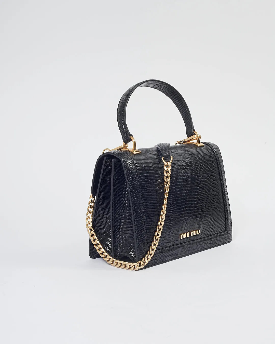 Miu Miu Black Embossed Lizard Leather Top Handle Padlock Bag
