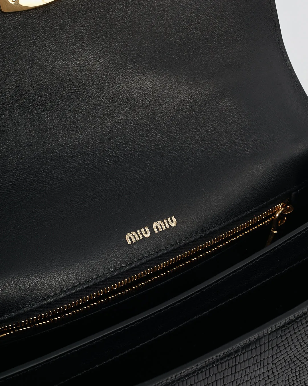 Miu Miu Black Embossed Lizard Leather Top Handle Padlock Bag