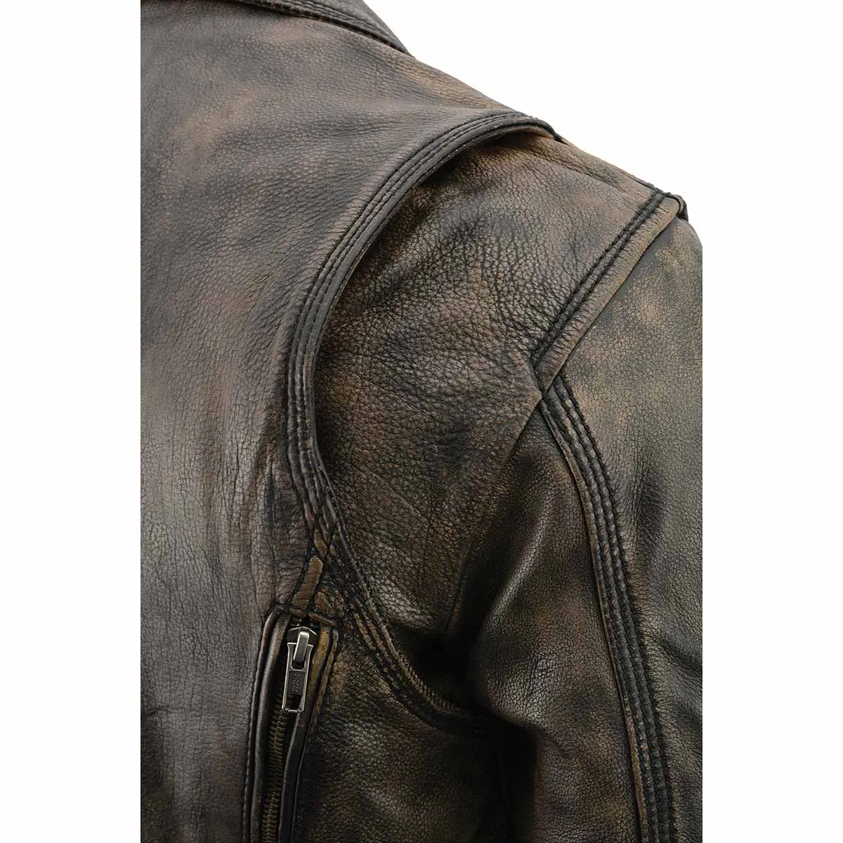 MLM1515 BEIGE BROWN Men's 'Triple Stitched' Beltless Motorcycle Leather Jacket