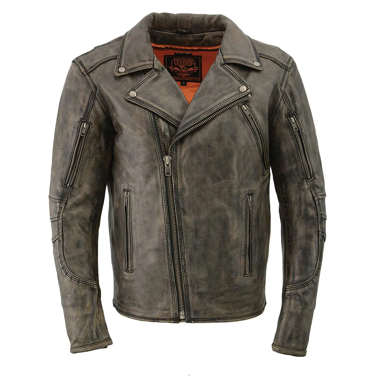 MLM1515 BEIGE BROWN Men's 'Triple Stitched' Beltless Motorcycle Leather Jacket