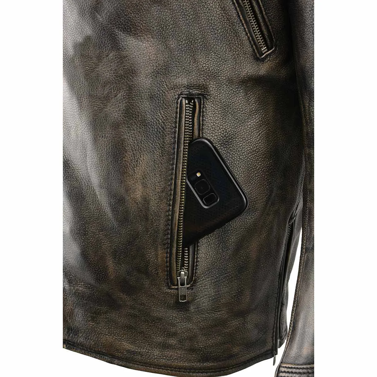 MLM1515 BEIGE BROWN Men's 'Triple Stitched' Beltless Motorcycle Leather Jacket