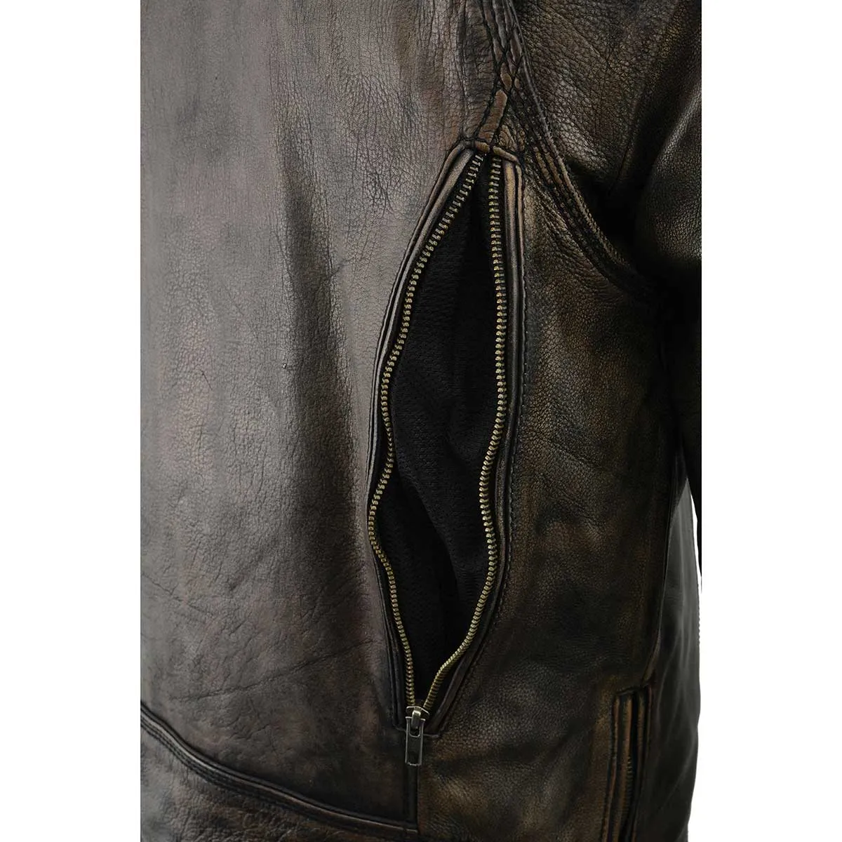 MLM1515 BEIGE BROWN Men's 'Triple Stitched' Beltless Motorcycle Leather Jacket