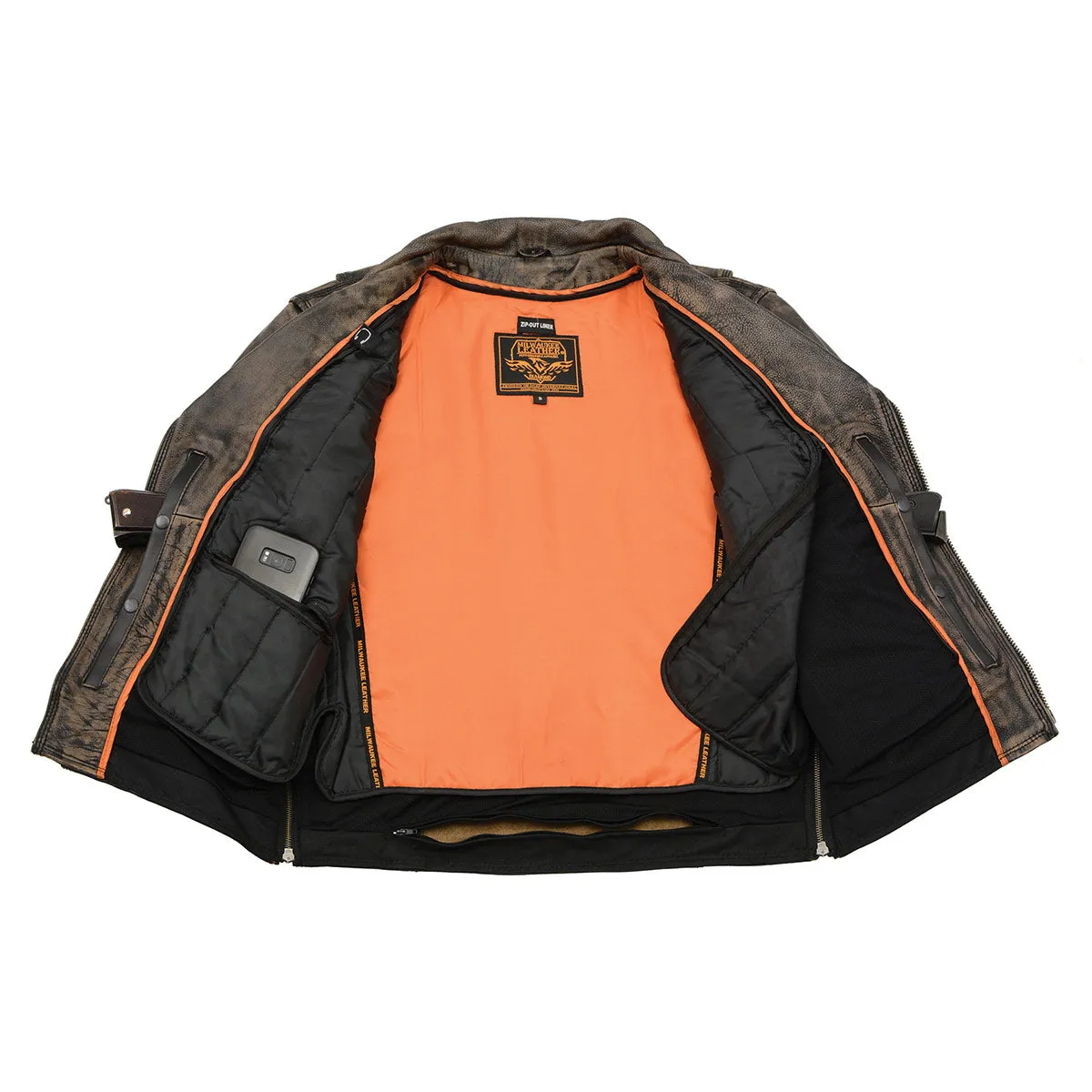 MLM1515 BEIGE BROWN Men's 'Triple Stitched' Beltless Motorcycle Leather Jacket